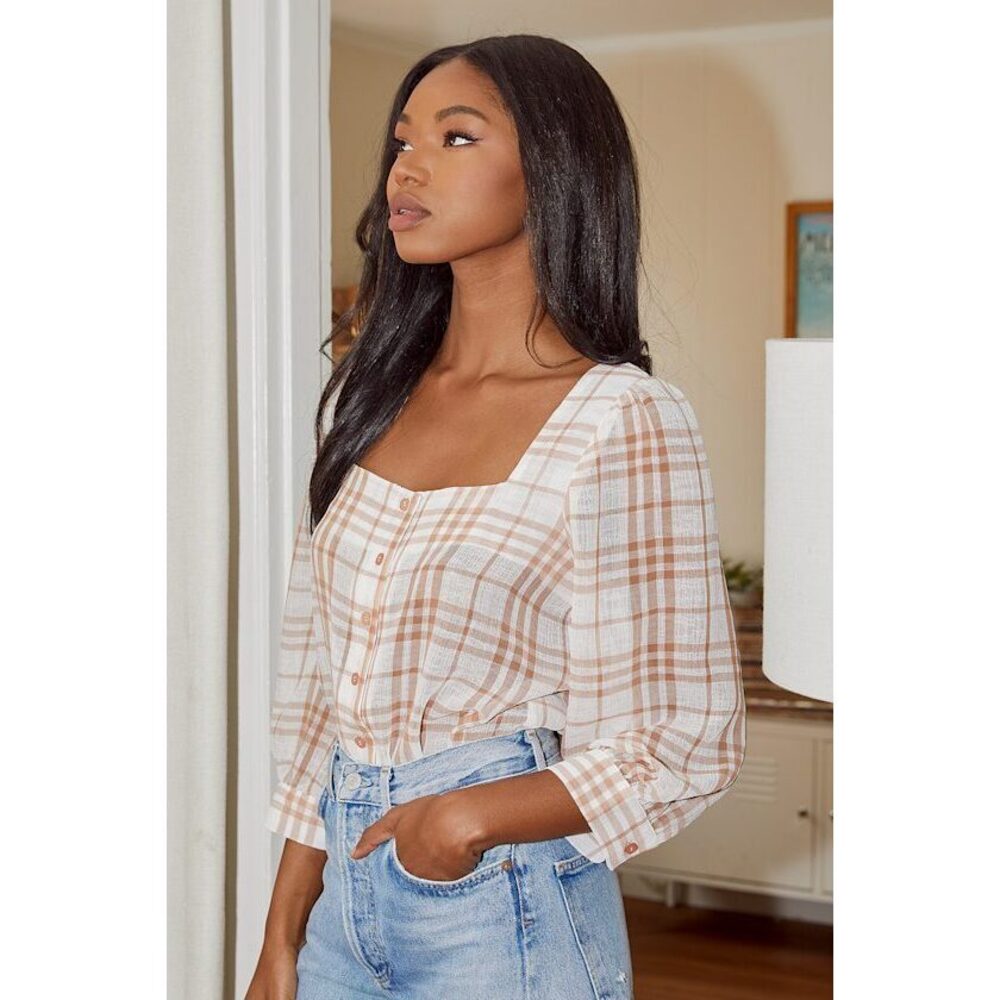Lulus Sweet Disposition White Plaid Square Neck Button-up Bodysuit - Size XS